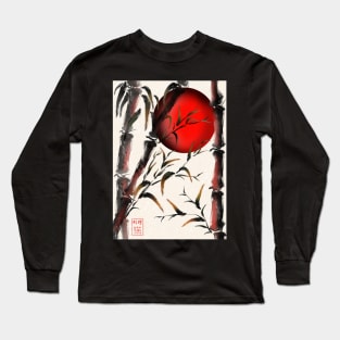 Sumi-e bamboo forest with a red rising sun Long Sleeve T-Shirt